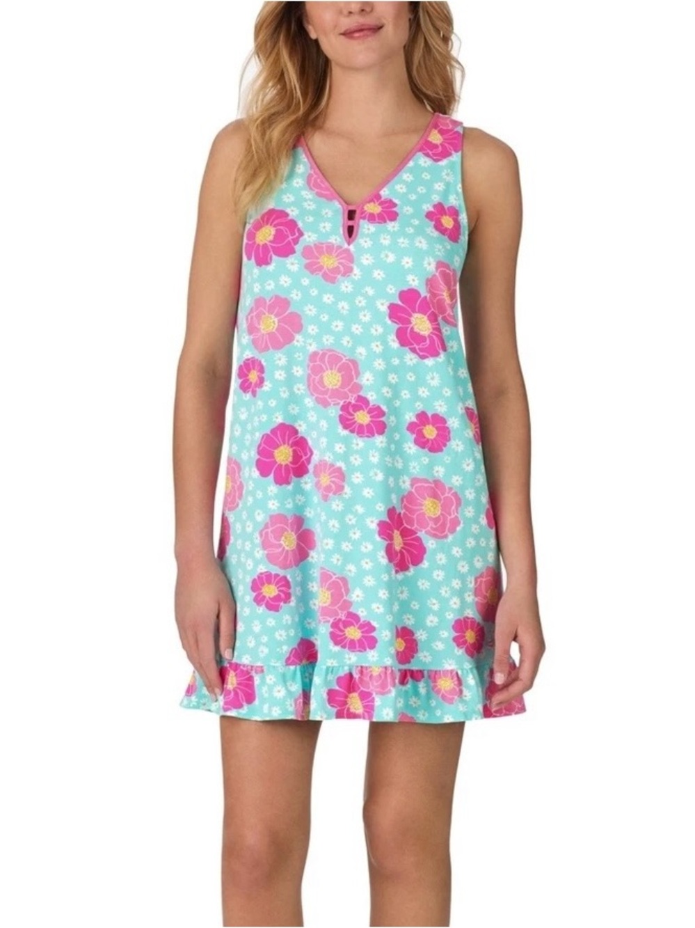 Cuddl Duds Nightgown 3X Plus Blue Pink Floral Ruffle Hem Sleeveless Sleep Dress
